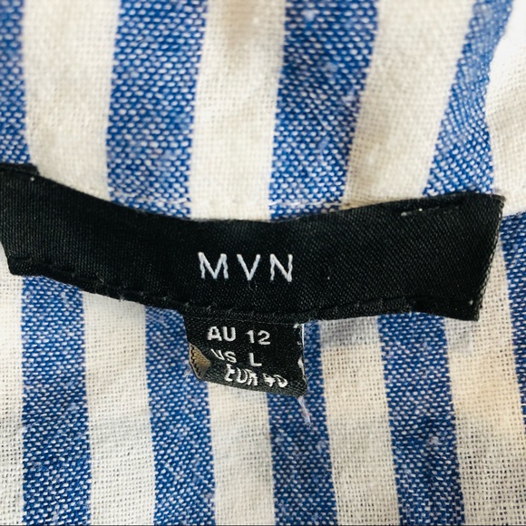 SOLD Blue & White Stripe Cotton Long Sleeve MVN Ruffle Button Up Shirt 12 - Picture 13 of 16